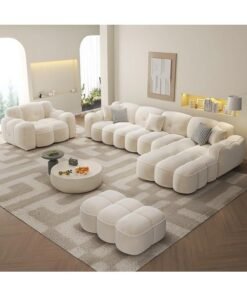 Al Zakharef Furniture Fleece L-Shape Modular Sofa Set – Overstuffed Soft Cushions, Solid Wood Frame, Modern Living Room Furniture, 5-Seater (Beige)