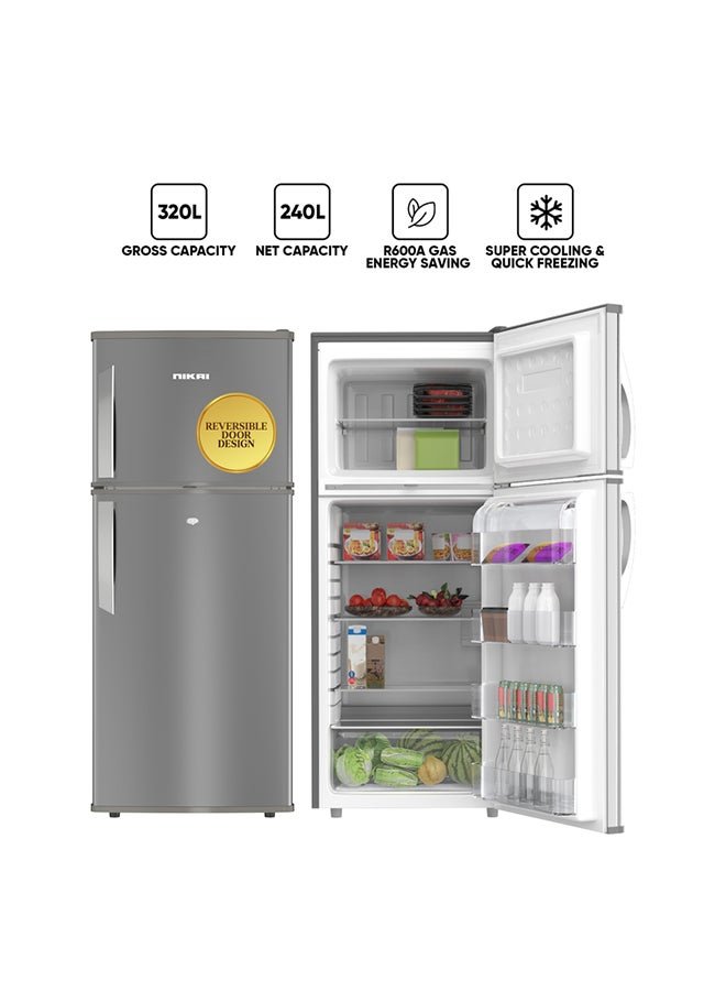 NIKAI 320L Gross / 240L Net, Double Door Top Mount Refrigerator, 2 Glass Shelves And Bottle Storage Racks, Power Saving R600A Gas, CFC Free, Silent Operation Best For Home, Office With Child Lock Key 307 kW NRF320DN5S Grey