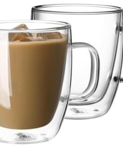 Lukadah 2 Pcs Double Wall Insulated Glasses Espresso Mugs, Glass Coffee Mugs with Handle, Insulated Layer Coffee Cups, Clear Borosilicate Glass Mugs | Perfect Coffee Mugs for Espresso, Cappuccino, Latte, American,Tea Bag, Hot Beverages
