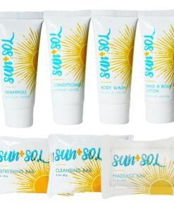 world amenities Sun  Sol Mini Size Hotel Toiletries Bathroom Kit  Warm Coconut  Vanilla  Shampoo Conditioner Body Wash Lotion Cleansing Bar Refreshing Soap Bar and Moisturizing Massage Bar