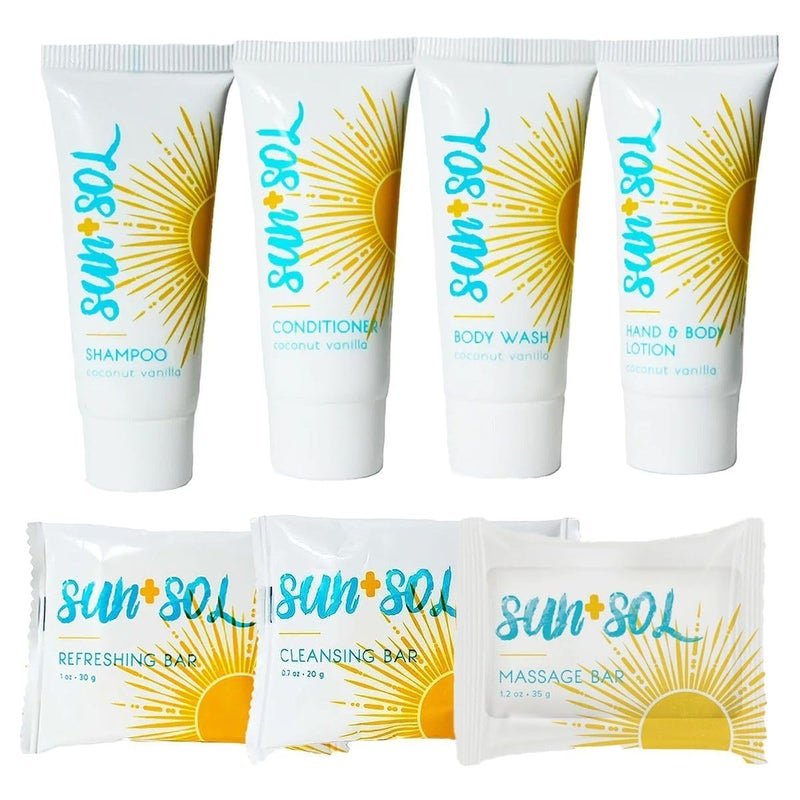 world amenities Sun Sol Mini Size Hotel Toiletries Bathroom Kit Warm Coconut Vanilla Shampoo Conditioner Body Wash Lotion Cleansing Bar Refreshing Soap Bar and Moisturizing Massage Bar