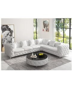 Maharat Al Bahar Luxury White Velvet Chesterfield Sofa Set – 6-Seater L-Shaped Sectional with Golden Legs