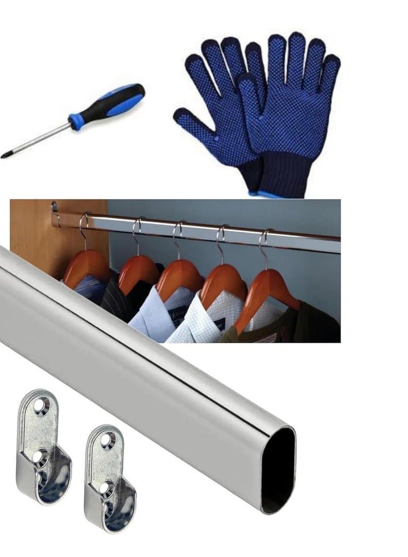 ABBASALI 100cm Wardrobe Bar, Wardrobe Hanging Rod, Wardrobe Rod for Hanging Clothes, Oval Closet Rail Custom Cut To Size End Support and Screws, Chrome Plated, Gloves & Screwdriver (2)