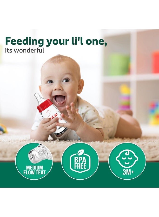 Luvlap Essential Slim Neck Glass Feeding Bottle, 250Ml, 3M+/Babies Upto 3 Years, Made of Borosilicate Glass, Bpa Free, Ergonomic Shape is with Anti Colic Nipple, Pack of 1, White & Red