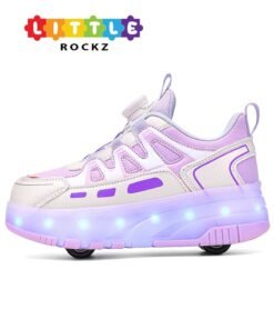LITTLE ROCKZ Kids Four Wheel Roller Shoes Rechargeable LED Flash Light Sneaker Skate Heelys Shoes Pink