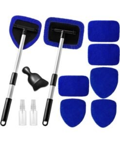HOMESTAR 11pcs Windshield Cleaner Tool, Car Window Cleaning Wash Kit with 6 Reusable Microfiber Pads 2 Spray Bottles and Extendable Handles Auto Glass Wiper Kit, Blue