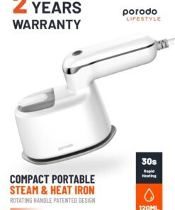 porodo Compact Portable Steam & Heat Iron with Rotating Handle for travel with 120ml Water Tank Capacity/ Ceramic Soleplate / Handheld Steam / Flat Iron Dry & Wet / Garment Steamer 1100W - White
