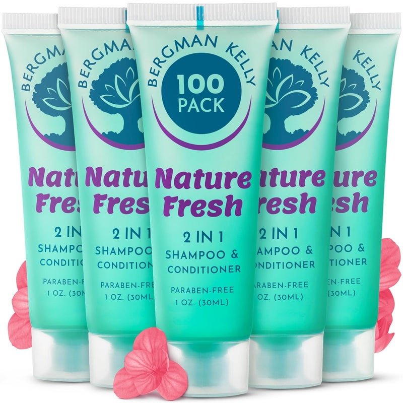 BERGMAN KELLY Travel Size 2 in 1 Shampoo Conditioner 1 fl oz 100 PK Nature Fresh Delight Your Guests wRefreshing Soothing Shampoo Amenities Small Hotel Toiletries in Bulk