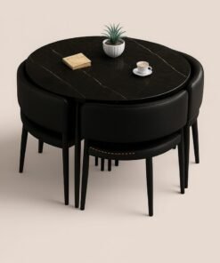 Harmony Home 5-Piece Round Dining Table Set – Black Ceramic Marble Top with Metal Legs & 4 PU Leather Cushioned Chairs – Modern Dining Furniture for Kitchen & Small Spaces