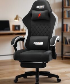 DROGO Throne Ergonomic Gaming Chair, Video Game Chair with Linkage Armrest, Footrest & Adjustable Seat Computer Chair with Fabric, Head & Massager Lumbar Pillow Home & Office Chair with Recline Black