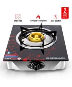 Olsenmark Gas Cooker Glass Top Single Brass Burner with Enamel Grate and Stainless-Steel Drip Pan, Low Energy Consumption and Efficient, Auto Ignition System OMK2226Z Black/Silver/Red