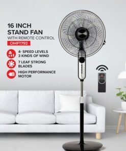 Olsenmark 16" Classic Stand Fan With Remote Stand/Fan With Remote Control OMF1793, Pedestal Fans With 3 Modes, Efficient 70 W Motor For Better Cooling, Timer,7 Leaf Blades 70 W OMF1793 Black