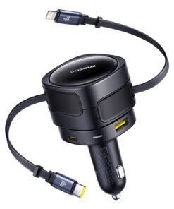 Baseus 90W 4-in-1 Car Charger With Built-in Retractable Fast Charging USB-C And Lightning Cables – 180° Vertical Rotation, PD A QC 3.0 Car Charging Adapter With Dual USB-C, Lightning And USB-A Outputs – Compatible With iPhone 16/15/14 Pro Max, Samsung S25 Ultra, Android, iPad, Tablets And More Devices - 90W- Black