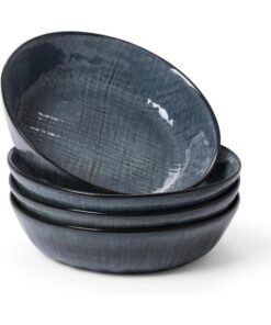 Famiware Moonlight 4 Piece Stoneware Pasta Bowls Set in 8.7 inches, 34oz Serving Bowl for Pasta, Salad, Noodles with Linen Finish, Scratch Resistant, Microwave & Dishwasher Safe, Dark Blue