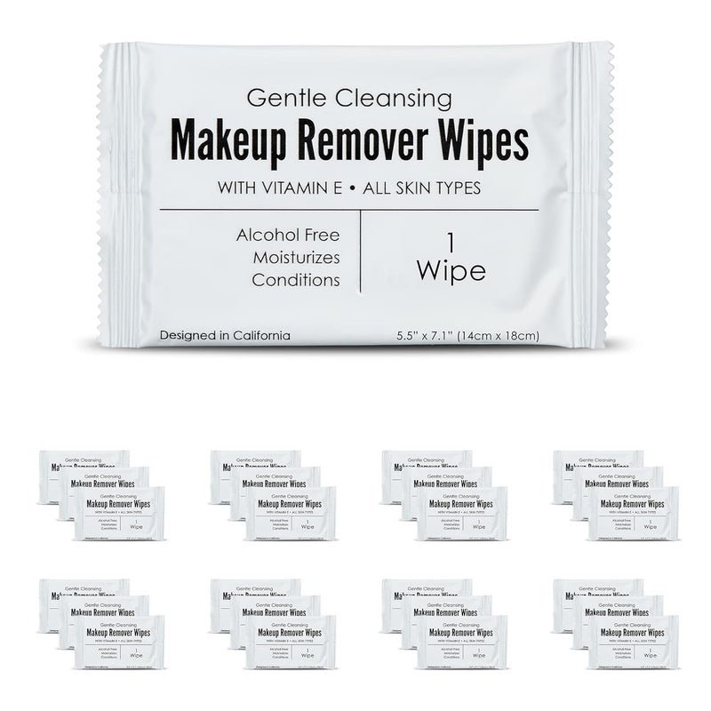 World Amenities Bulk Makeup Remover Wipes 500 Count Individually Wrapped Gentle Cleansing Alcohol Free All Skin Types Vitamin E 100 Recyclable Hotel Travel Size Toiletries