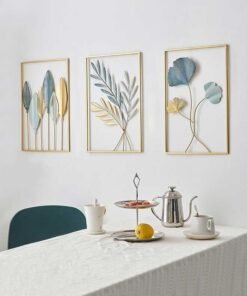 RAWAID Gold Leaf Wall Decor Modern Wall Art Home Decor, Set of 3 Metal Wall Hanging Decoration for Living Room Office Bedroom Hotel