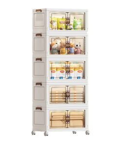 Ollieroo Five-Tier Foldable Plastic Storage Cabinet with Wheels – PP Organizer with Transparent Magnetic Doors, Stackable and Space-Saving Design for Kitchen, Bedroom, or Living Room, 55 × 35 × 150 cm