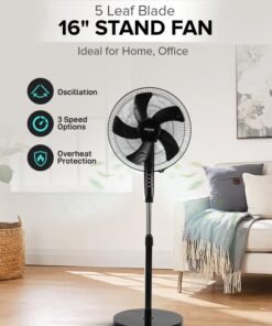 KRYPTON 16-Inch Stand Fan With 5-Leaf Blades, 3-Speed Control, Oscillation, Powerful Motor/Strong Safety Grill, Super Silent, Adjustable Height, Built In Safety Thermal Fuse/Suitable For Large Spaces, Home, Office, Super Strong Blades 50 W 50 W KNF6027 Black