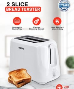 GEEPAS 2 Slice Bread Toaster - Removable Crumb Tray| One Touch Cancel Button | 6 Browning Setting Control 700 W GBT36515N White