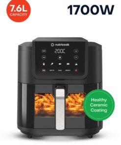 nutricook Air Fryer Slim XL,7.6L, 2.4KG, Extra-Large Basket, Space-Saving Slim Design, Air Fry, Bake, Reheat, with 5 Presets, Clear Window & Internal Light, 2 Yr Warranty 7.6 L 1700 W NC-AFS200 Black