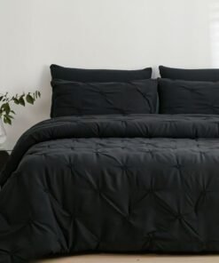 LUNA Home King size comforter set, 6 piece fitted bedding set pintuck pleated, black color.