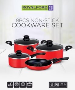 Royalford 8 Pcs Non Stick Aluminium Cookware Set – Heat Resistant Handles, Tempered Glass Lids, Scratch Resistant,Thick Body,Bakelite Knobs,and CD Bottom, 2.5MM Thickness, Easy Grip, Strong Aluminium Body, Durable Interior, Bakelite Handle|Compatible with Multiple Hobs like Gas, Electric, Ceramic, Halogen, Set Includes Nylon Turner, Frypan: 24x4.5Cm, Saucepan+Lid: 18X8.5Cm, Suacepan+Lid: 20X10Cm, Casserole + Lid:24x12cm Red 24x12cm