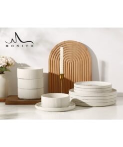MONITO 12 Piece Stoneware Dinner Set, 4X25.6Cm Dinner Plates, 4X20Cm Salad Plates, 4X14Cm Bowls, Modern Design In Glossy Finish, Microwave & Dishwasher Safe - White