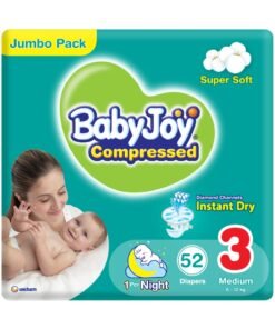 BabyJoy Compressed Diamond Pad Diaper, Size 3, Medium, 6-12 Kg, Jumbo Pack, 52 Diapers