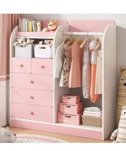 Kids Wardrobe﻿ Kids Clothing Rack Freestanding Half-Open Clothes Rack Baby Storage Cabinet with 5 Drawer Wooden Wardrobe Closet with Hanging Rods Storage Cupboard for Bedrooms,Entrances（Pink）