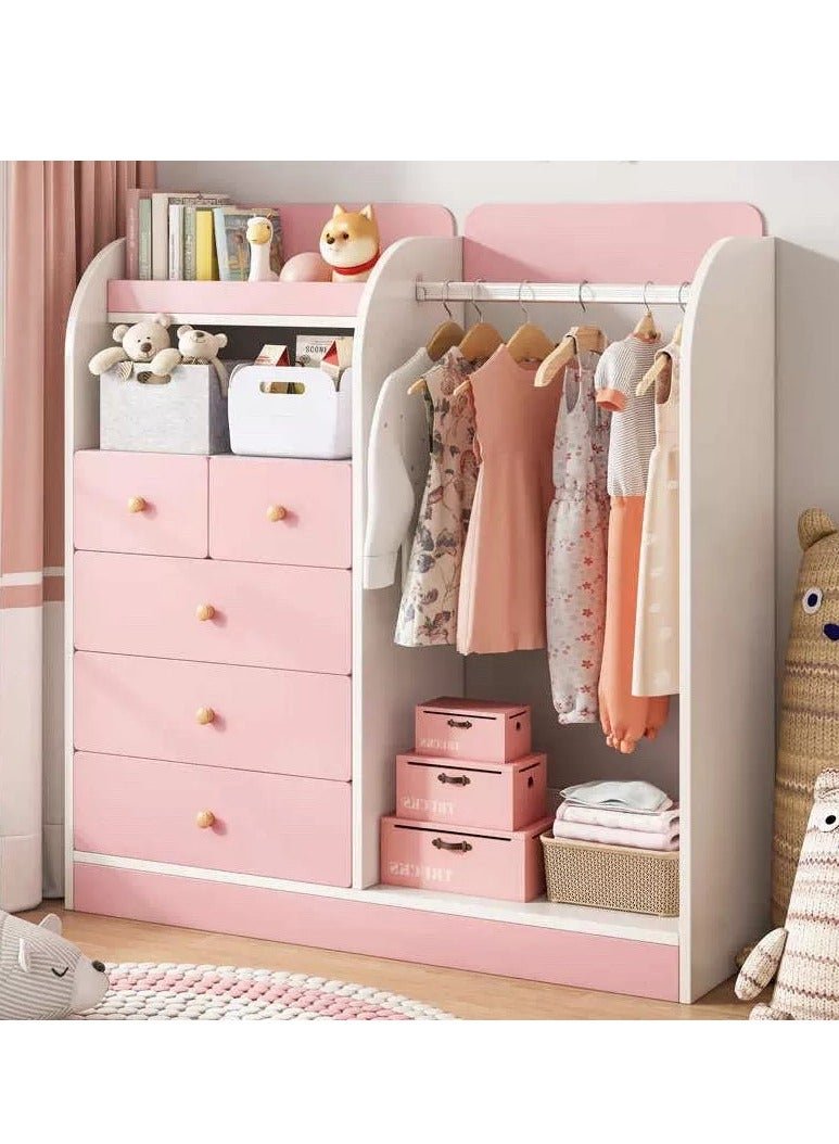 Kids Wardrobe Kids Clothing Rack Freestanding Half-Open Clothes Rack Baby Storage Cabinet with 5 Drawer Wooden Wardrobe Closet with Hanging Rods Storage Cupboard for Bedrooms,Entrances(Pink)