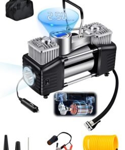 PINREK Heavy Duty  Double 30mm Cylinder Tyre Inflator , Portable Air Compressor for Car, 150 PSI Tyre Air Pump with LED Light, Digital Pressure Gauge Tire Inflator - Professional for SUV, Off-Road, Trucks