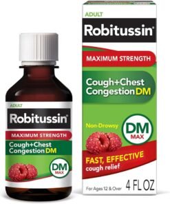 Robitussin Adult Maximum Strength Cough + Chest Congestion DM Max (4 fl. oz. Bottle), Cough Suppressant & Expectorant, Raspberry Flavor
