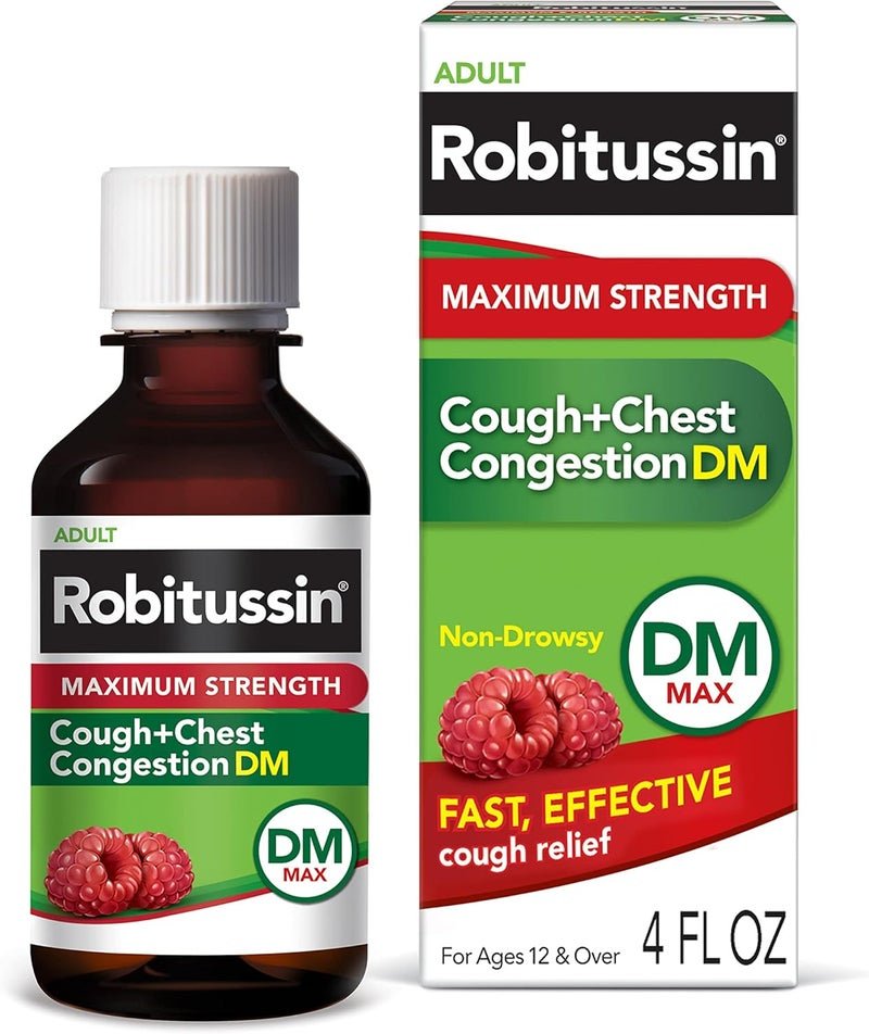 Robitussin Adult Maximum Strength Cough + Chest Congestion DM Max (4 fl. oz. Bottle), Cough Suppressant & Expectorant, Raspberry Flavor