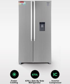 GEEPAS 670L Gross/521L Net Capacity No Frost Side By Side Refrigerator| With Invertor Compressor, Digital Control Temperature Display, Water Dispensor, 4 Cooling Modes, Tempered Glass Shelves, Twist Ice Maker, Inside Condensor, Freezer- 177L capacity 670 L 150 W GRFS6622SWXHN Silver