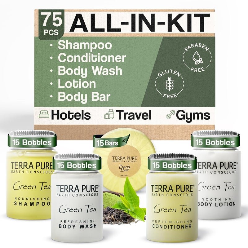 Terra Pure Hotel Soaps and Toiletries Bulk Set 1Shoppe AllInKit Amenities for Hotels 1oz Hotel Shampoo Conditioner Body Wash Body Lotion 125oz Bar Soap Travel Size Toiletries 75 Pieces