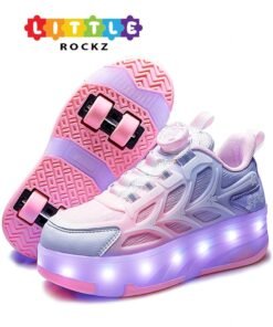 LITTLE ROCKZ Kids Four Wheel Roller Shoes Rechargeable LED Flash Light Sneaker Skate Heelys Shoes Pink