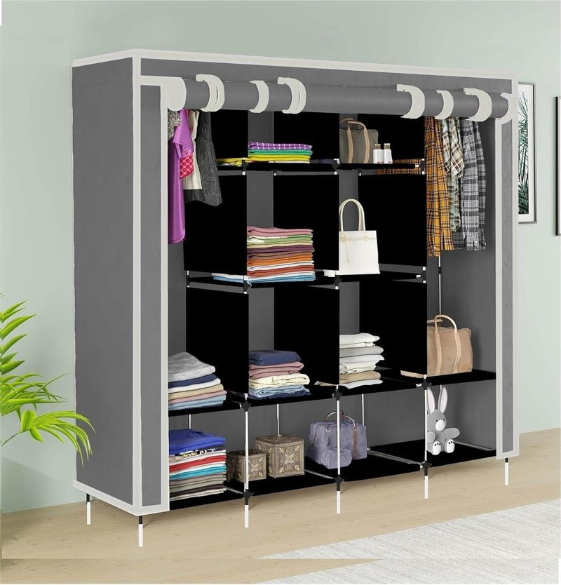 GTC 12-Shelf Collapsible Wardrobe – Portable Foldable Grey Almirah with Plastic Frame, Fancy Layer Rack for Clothes Organizer (Model 88370)