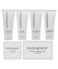 world amenities Bodyography Blanc Mini Travel Size Toiletries Bathroom Kit | Vanilla White Tea| Shampoo, Conditioner, Body Wash, Lotion, Artisan Soap and Massage Bar