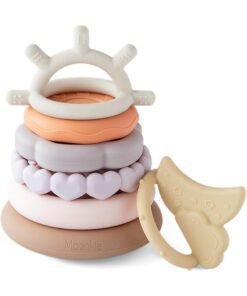 Moonkie Stacks of Circles Soft Teething Toy | Educational Learning Baby Toy | Stacking Ring Toys for Babies Boy and Girl | 7 Piece Teethers Set (Nature)