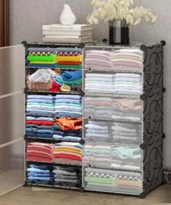 AYSIS Plastic Rack for Storage, Foldable Wardrobe for Clothes, Collapsible Wardrobe, Kitchen Cupboard, Clothes Storage Wardrobe, Cupboard for Clothes Plastic (Black, 12-SHELF-6-DOOR) 85 x 32 x 96 Cm