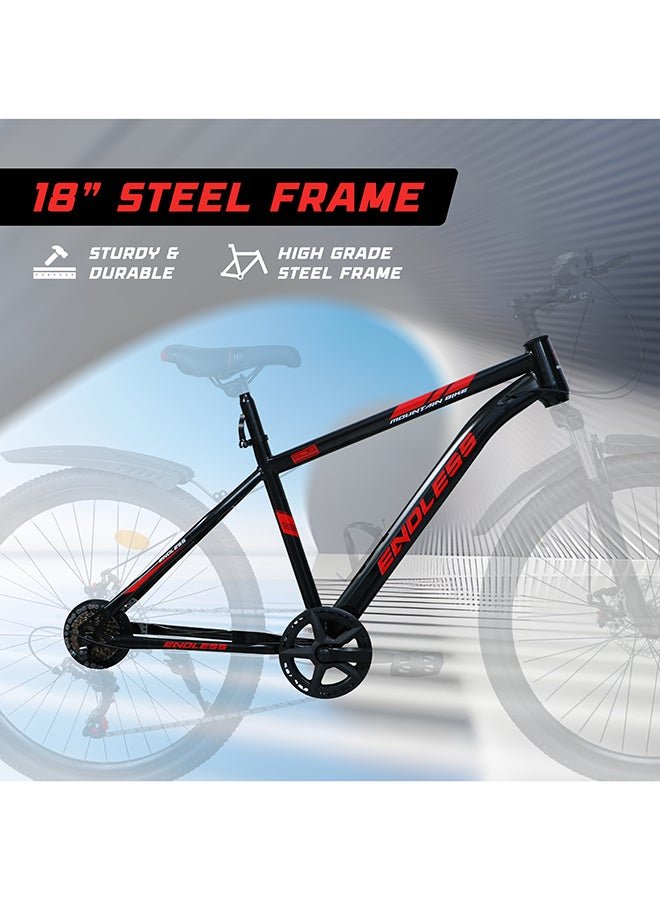 ENDLESS High Carbon Steel Mountain Bike|18 Inch Frame Size | 27.5 Inch Wheel Size | 7 Speed Shimano Gear | Dual Disc Brakes | Bike For Men & Women | Black Red Color - Image 4