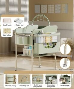 WALALLA Portable Baby Changing Table with Storage Adjustable Height Diaper Station, Waterproof Pad, Large Capacity Organizer, Foldable Newborn Bath Massage Changing Table for Nursery & Bedroom,Green