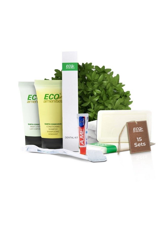 ECO Amenities 4-Piece All-In-Kit Travel Size Toiletries 60Pcs (15 Toiletry Kits) Hotel Soap, Body Lotion, Mini Size Shampoo And Conditioner 2 In 1 And Disposable Travel Toothbrush Set With Toothpaste