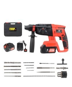 GearZone Cordless Electric Hammer Drill, 21V High Power, With Accessories Set, for Metal Concrete & Wood Drilling, With Two Lithium Batteries-Red