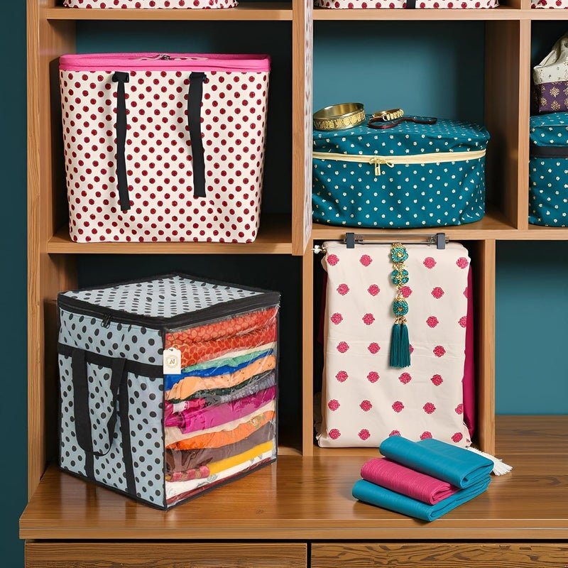 Shaping Fabric Premium Saree Storage Bag with Transparent Window and Polka Dot Design