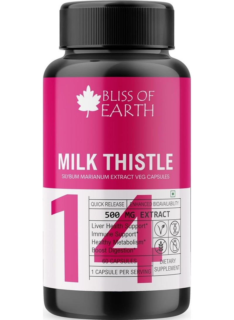 Bliss of Earth Milk Thistle Capsules Liver Support Supplement 60 Count 500mg Pure Extract Per Serving Organic Non GMO 500mg Vegan Friendly