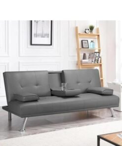 ALWASIT HOME Futon Sofa Bed, Faux Leather Lounge Couch for Living Room, Convertible Upholstered Loveseat Sleeper, Small Futon Couch for Small Space w/Cup Holders and Armrest, 3 Adjustable Positions (Grey)