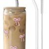JOSQUEWNN Glass Cups with Lids and Straws, Coquette Aesthetic Pink Bow Iced Coffee Cup Decor, Cute Tumbler Smoothie with Cleaning Brush, Gifts for Girls Women Friends, 16 oz