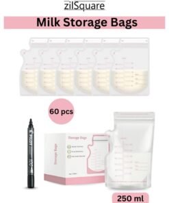 zilSquare 60 Pcs Breast Milk Storage Bags 250ml with Marker – Leak Proof Double Zipper Breastmilk Freezer Pouches – BPA Free Disposable Self Standing Milk Bags for Pumped Milk & Baby Feeding