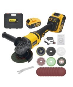 GearZone 21V Cordless Angle Grinder Kit with Brushless Electric Motor, including 2pcs 4.0 AH Batteries,Fast Charger, Easy Handle with Cutting Disc and Grinding Disc in Tool Box